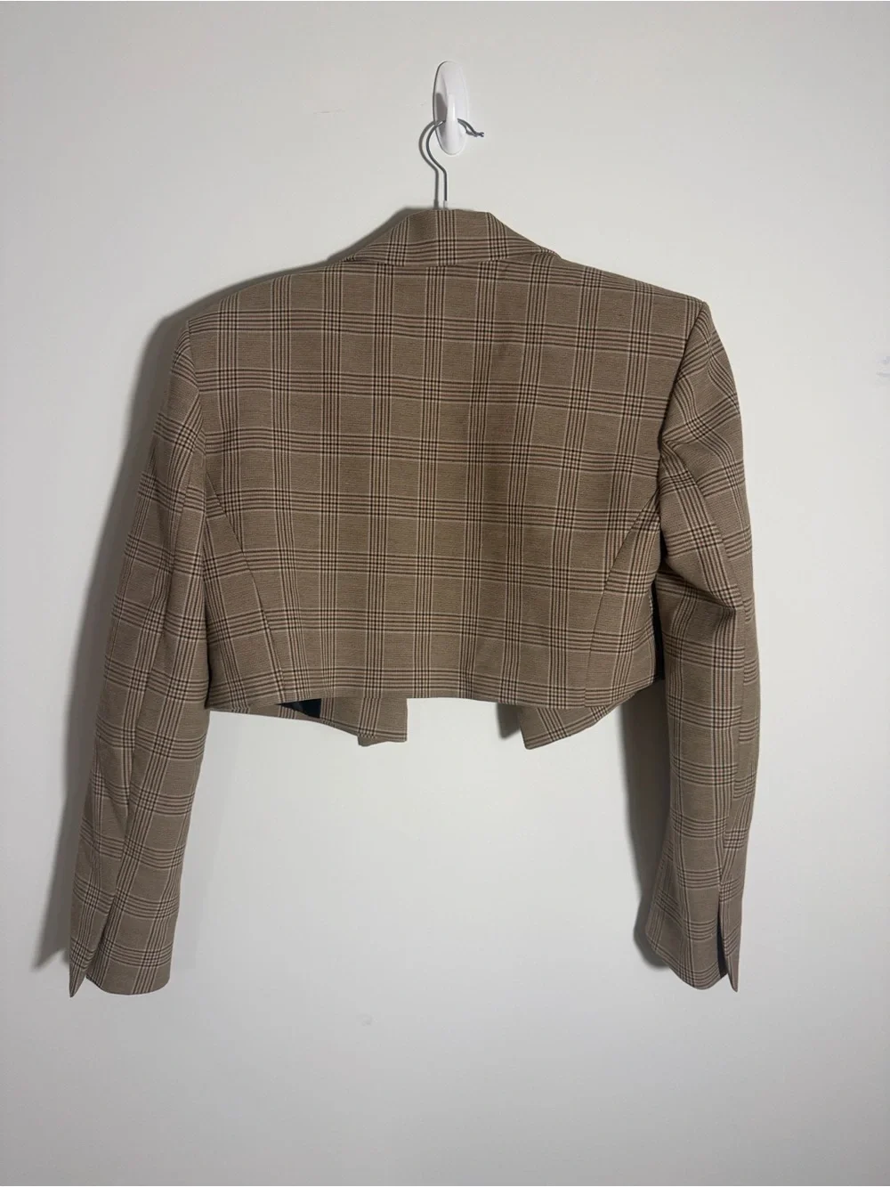 ZARA Cropped Plaid Blazer in Taupe‎ and Black Windowpane